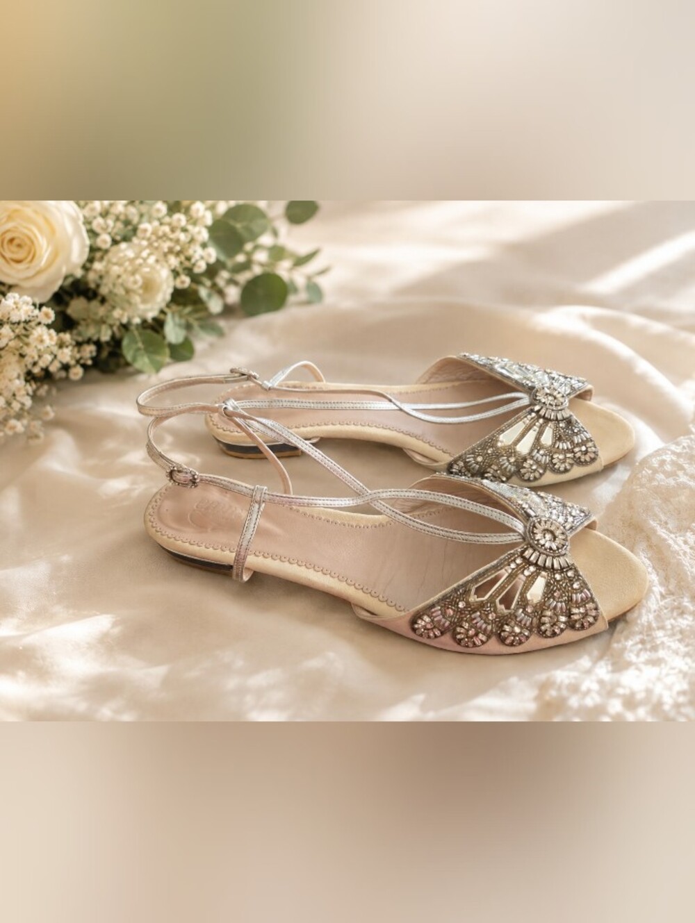 Emmy London Jude Cream/Silver Crystal Embellished Bridal Sandals EU 41 US 10